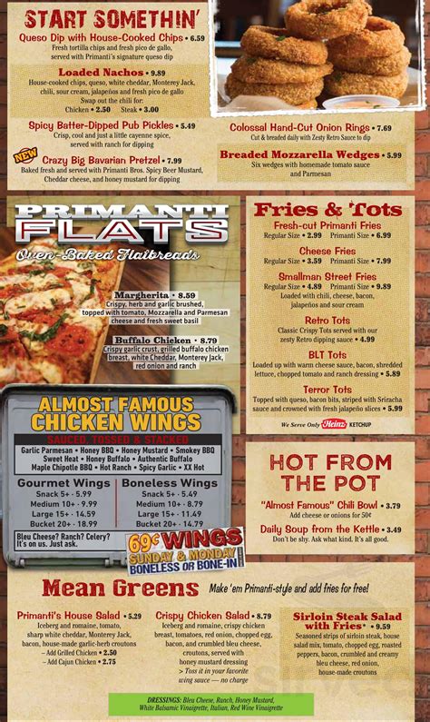 It has a limited menu- pizza, wings, salads and sandwiches. . Menu for primanti brothers